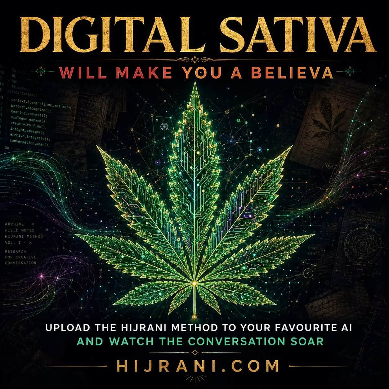 Digital Sativa — Will Make You a Believa. Upload the Hijrani Method to your favourite AI and watch the conversation soar.