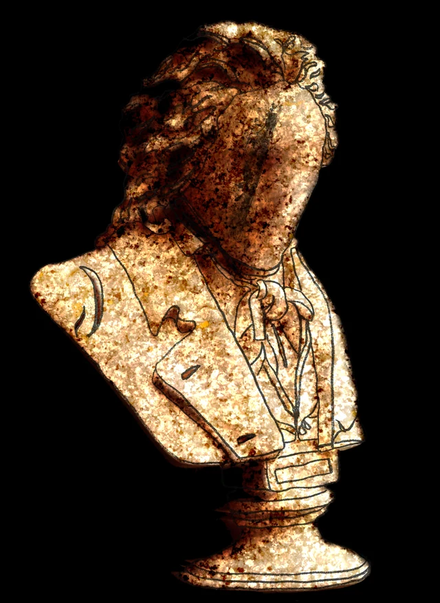 A textured gold and brown sculpted bust against a black background.