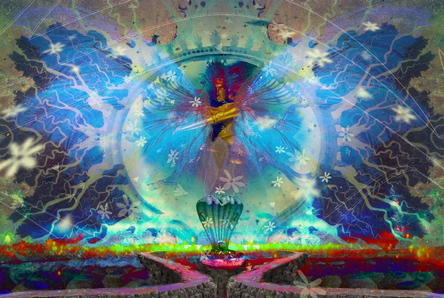 A central figure within a blue circle with branching lines, flower overlays and bright points of light.
