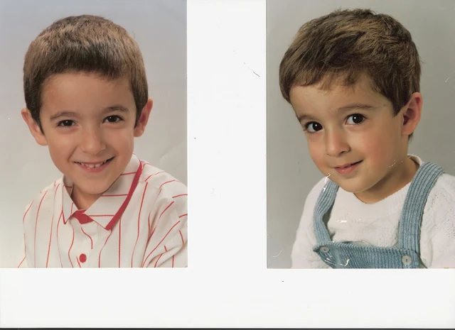 Two adjacent childhood portraits against pale backgrounds.