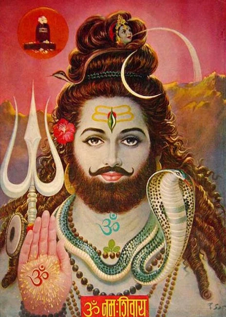 A painted bearded figure with a trident and raised hand against red and gold.