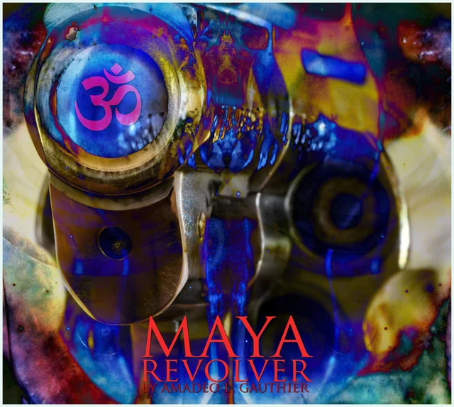 A brightly coloured revolver composition with an Om symbol and Maya Revolver lettering.