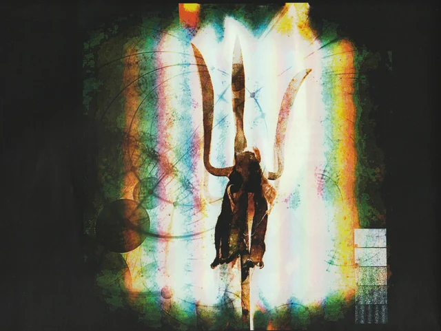 A small suspended figure in a bright vertical opening layered with colour.
