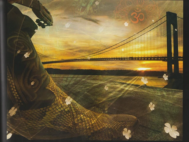 A seated figure beside a suspension bridge in warm golden light.