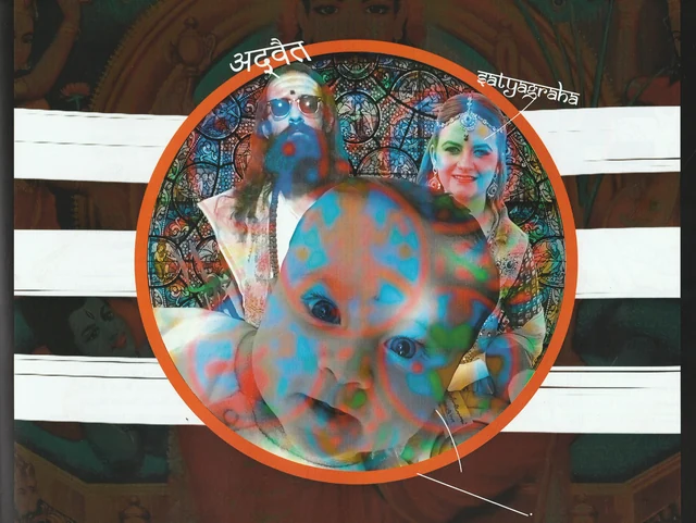 Overlapping faces and a blue figure within an orange circle over white slats.